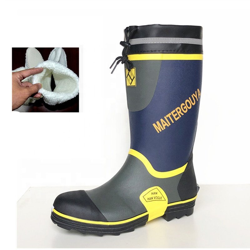 Oem waterproof men tall big size hunting rubber steel toe and plate safety rain boots with removable warm lining