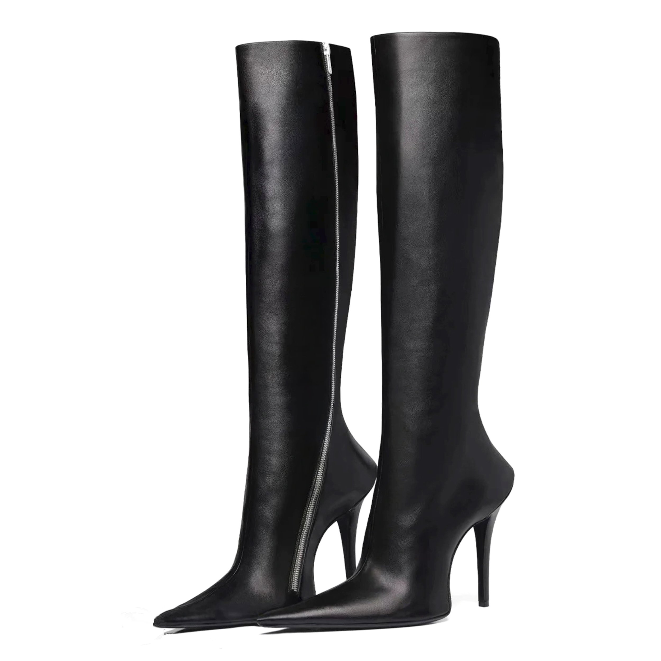 Women Black Stiletto High Heels 8CM The Knee Pointy Toe Leather Boots Slip-on Boots Women Stilettos Boots