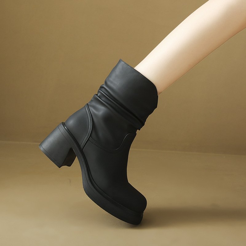 Xinzirain Custom Women Round Toe Platform Ruched Design Synthetic Block Heel PU Leather Ankle Boots