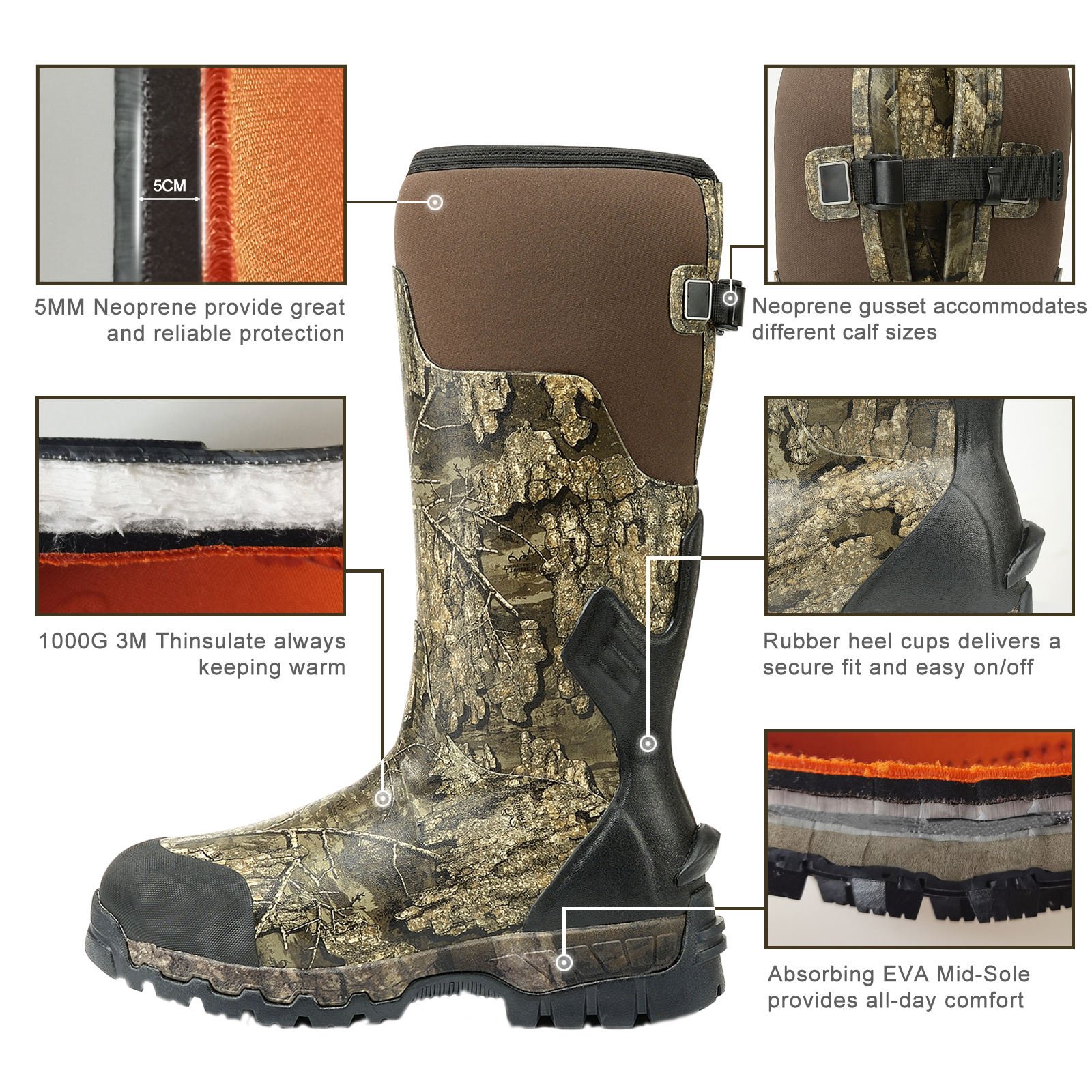High quality OEM thermal waterproof camo neoprene vulcanized hunting fishing rubber rain boots for men