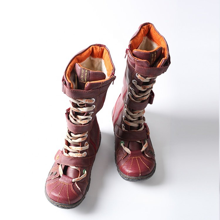 Winter Women's Fashion Boots All-Match Leather Knee-Length Red Cold-Proof Flat-Heel High Boots