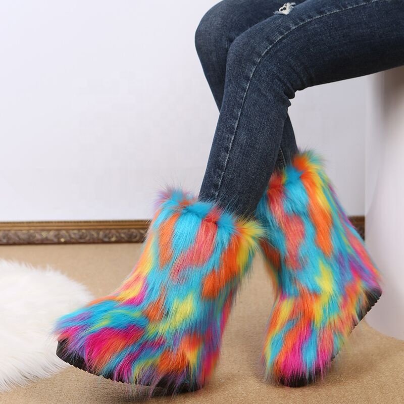 Snow Women Fur Boots Color Fuzzy Wuzzy Fur Long Faux Fox Furry Ankle Winter 2023 Ladies Girls Custom Fluffy Adult Red Brown TPR