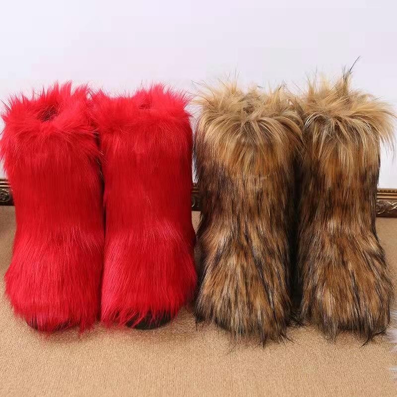 Snow Women Fur Boots Color Fuzzy Wuzzy Fur Long Faux Fox Furry Ankle Winter 2023 Ladies Girls Custom Fluffy Adult Red Brown TPR
