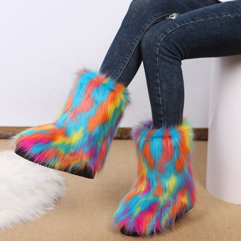 Snow Women Fur Boots Color Fuzzy Wuzzy Fur Long Faux Fox Furry Ankle Winter 2023 Ladies Girls Custom Fluffy Adult Red Brown TPR