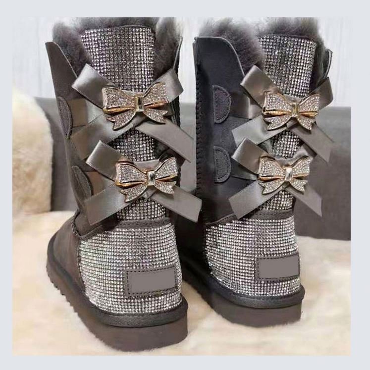 Wholesale Fashion Sheepskin Wool integrated Ladies Kids Women Winter Snow Ribbon Fur Boots With Bows 2024 Snow Boots