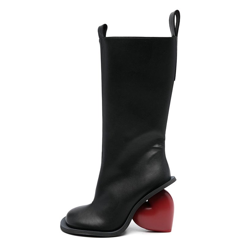 Custom Heart-Shaped Heels Square Toe Long Boots Women's Side Zipper Knee High Booties Silver PU Leather Shoes