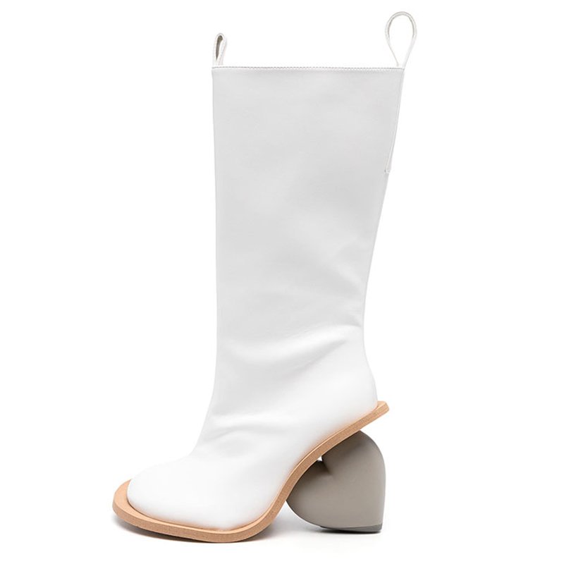 Custom Heart-Shaped Heels Square Toe Long Boots Women's Side Zipper Knee High Booties Silver PU Leather Shoes