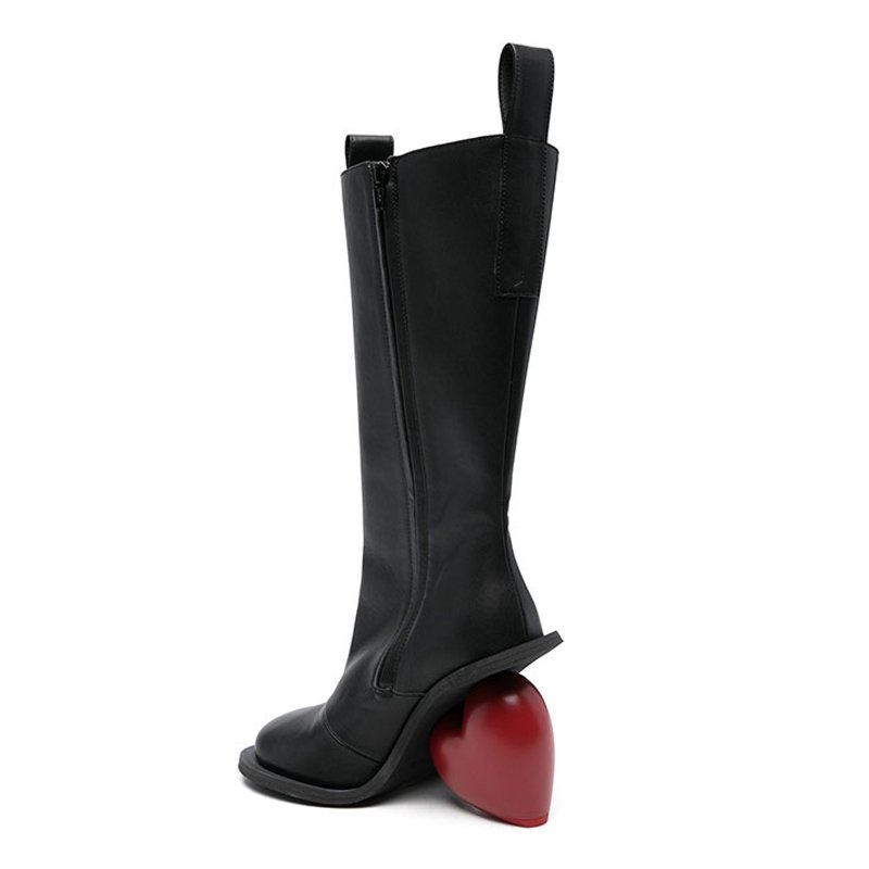 Custom Heart-Shaped Heels Square Toe Long Boots Women's Side Zipper Knee High Booties Silver PU Leather Shoes