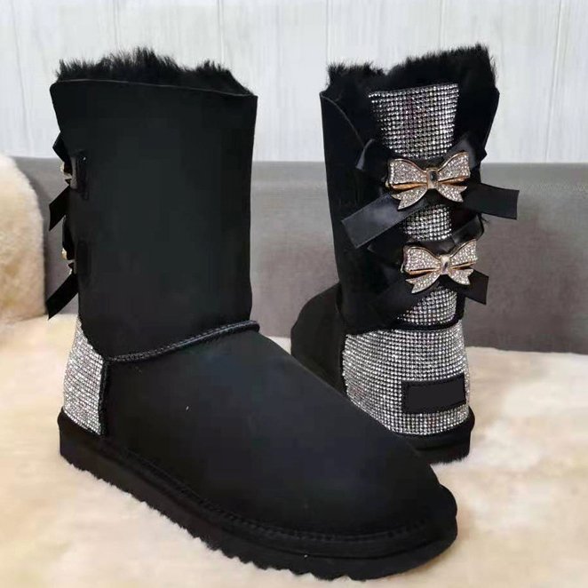 Customized Wholesale Logo Women's Bow Tie Winter Non-slip Sheepskin Warm Snow Boots Luxury High Snow Boots