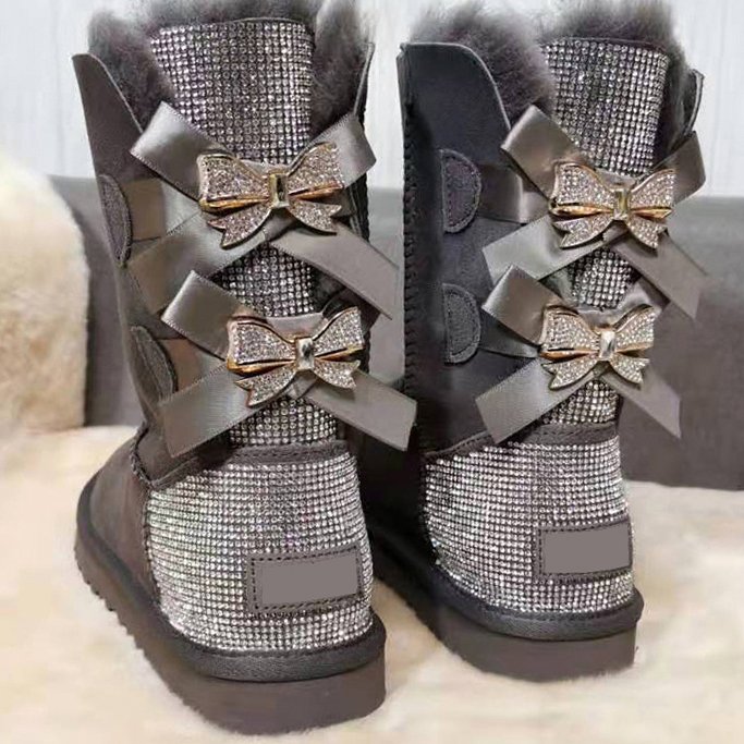 Customized Wholesale Logo Women's Bow Tie Winter Non-slip Sheepskin Warm Snow Boots Luxury High Snow Boots