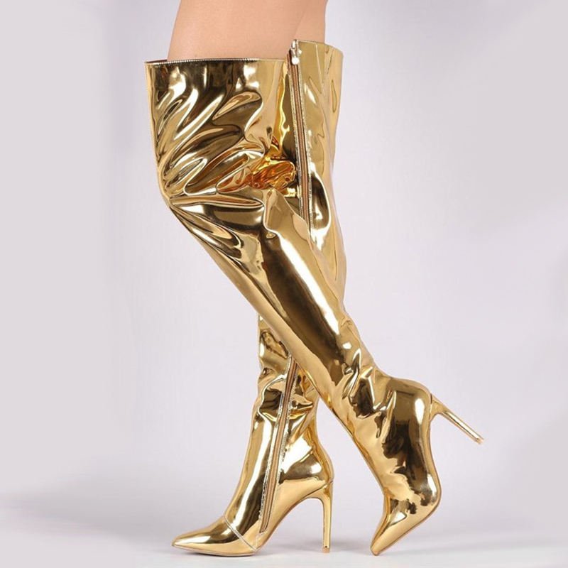 Custom Logo Large Size over the Knee Night Club Stiletto High Heels Sexy Patent Leather Winter Insole Rubber Party Evening Boots