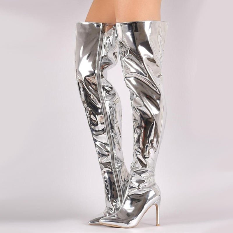 Custom Logo Large Size over the Knee Night Club Stiletto High Heels Sexy Patent Leather Winter Insole Rubber Party Evening Boots