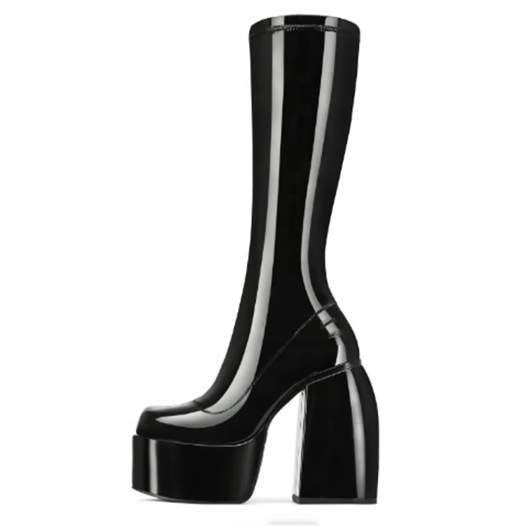 Women Stretch Leather Pull On Platform Chunky High Heel Boots