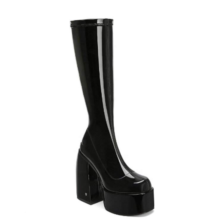 Women Stretch Leather Pull On Platform Chunky High Heel Boots