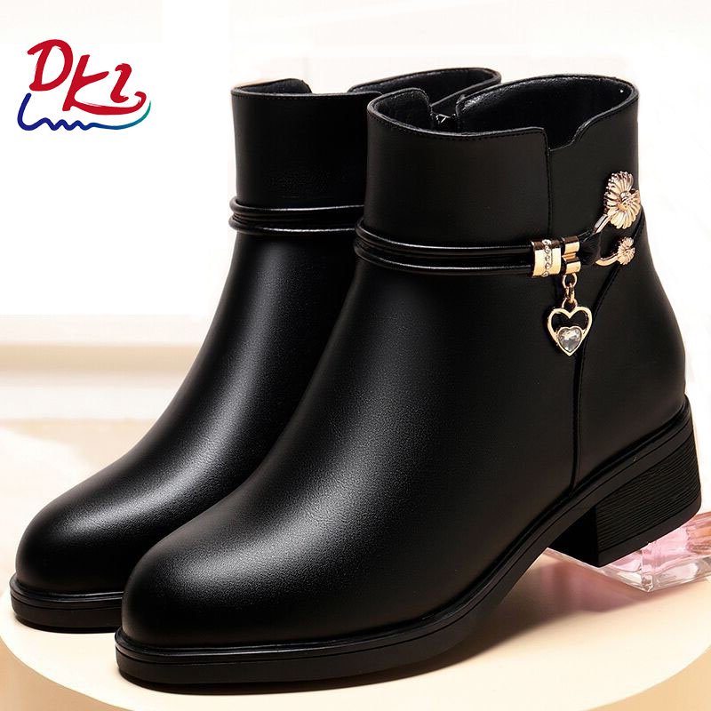 New Trendy Split Leather Water Proof Thermal Women Snow Boots Winter Warm Plush Zipper Black Snow Boots For Ladies