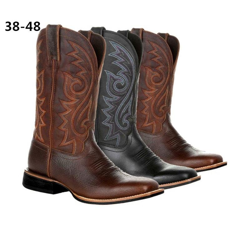 Custom Logo Embroidery Large size motorcycle boots for man Fashion retro design Black brown leather Western men denim boots