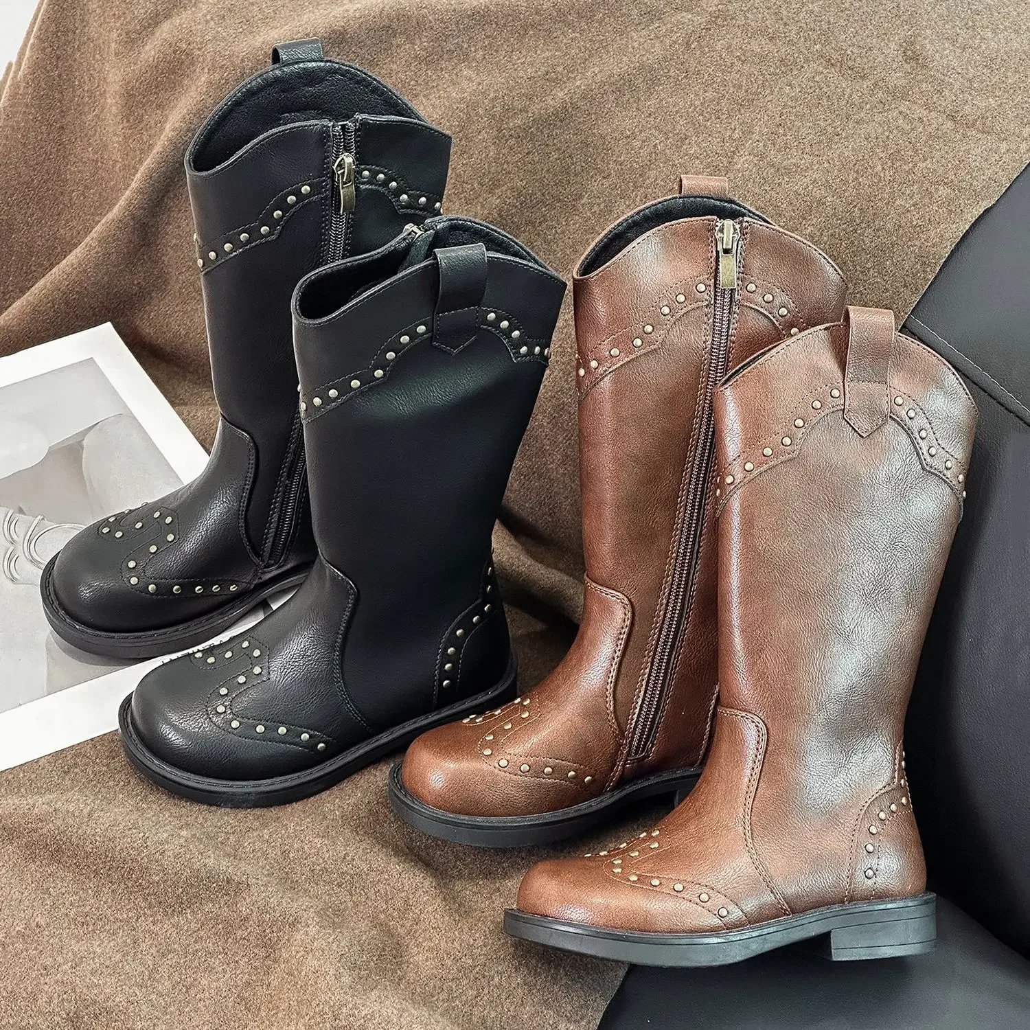 Autumn Children's Boys Girls Fashion ZIP Elegant Square Heel Long Pipe Boots Kids Toddler Winter Retro Non-slip Cowgirl Boots