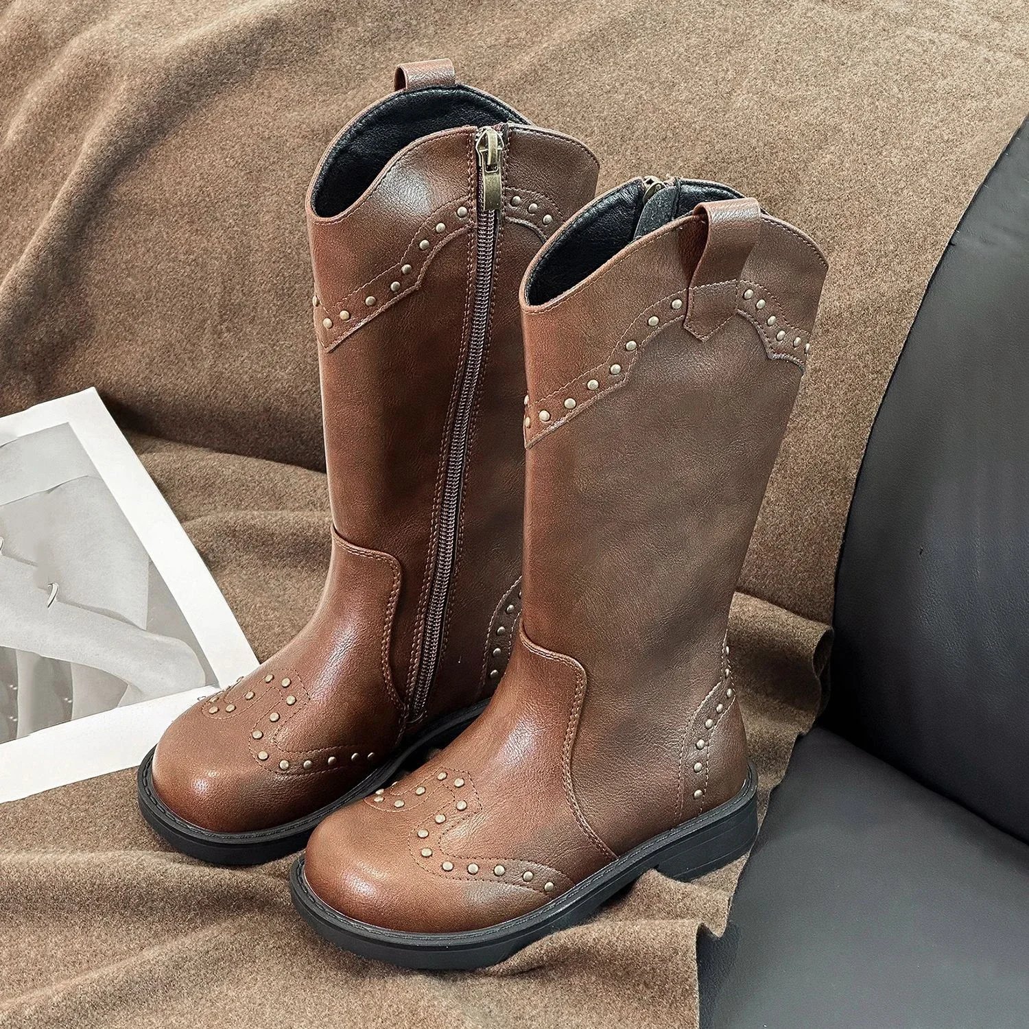 Autumn Children's Boys Girls Fashion ZIP Elegant Square Heel Long Pipe Boots Kids Toddler Winter Retro Non-slip Cowgirl Boots