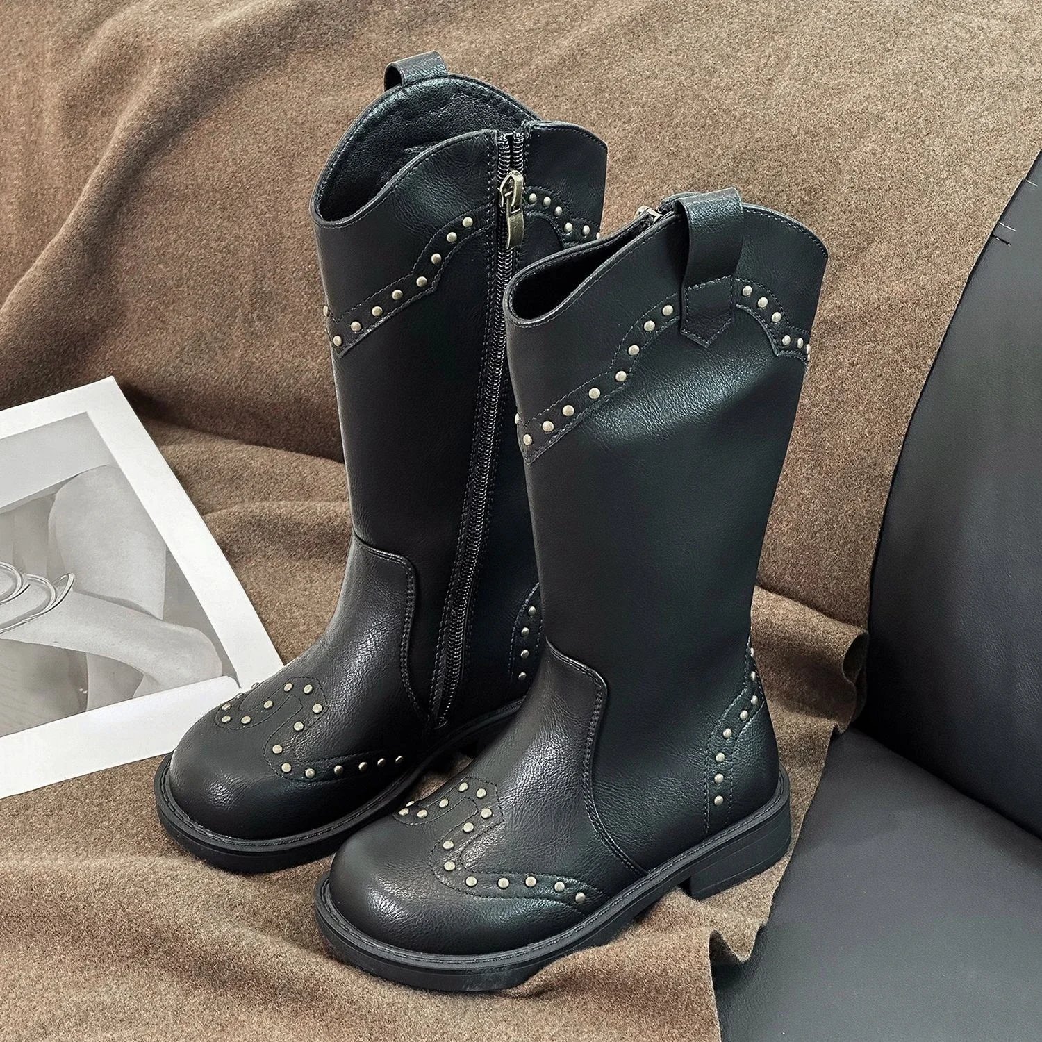 Autumn Children's Boys Girls Fashion ZIP Elegant Square Heel Long Pipe Boots Kids Toddler Winter Retro Non-slip Cowgirl Boots