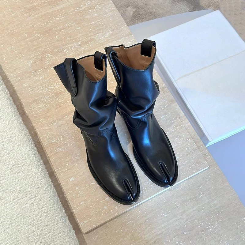 Xinzirain Logo Custom Ladies Short Boots Fashion Solid Black Leather Split Toe Block Heel Women Western Boots