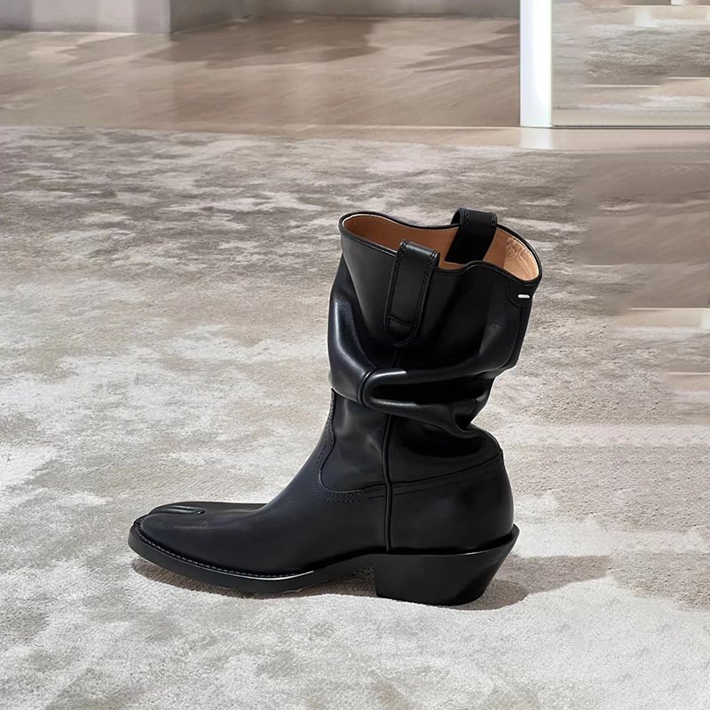 Xinzirain Logo Custom Ladies Short Boots Fashion Solid Black Leather Split Toe Block Heel Women Western Boots