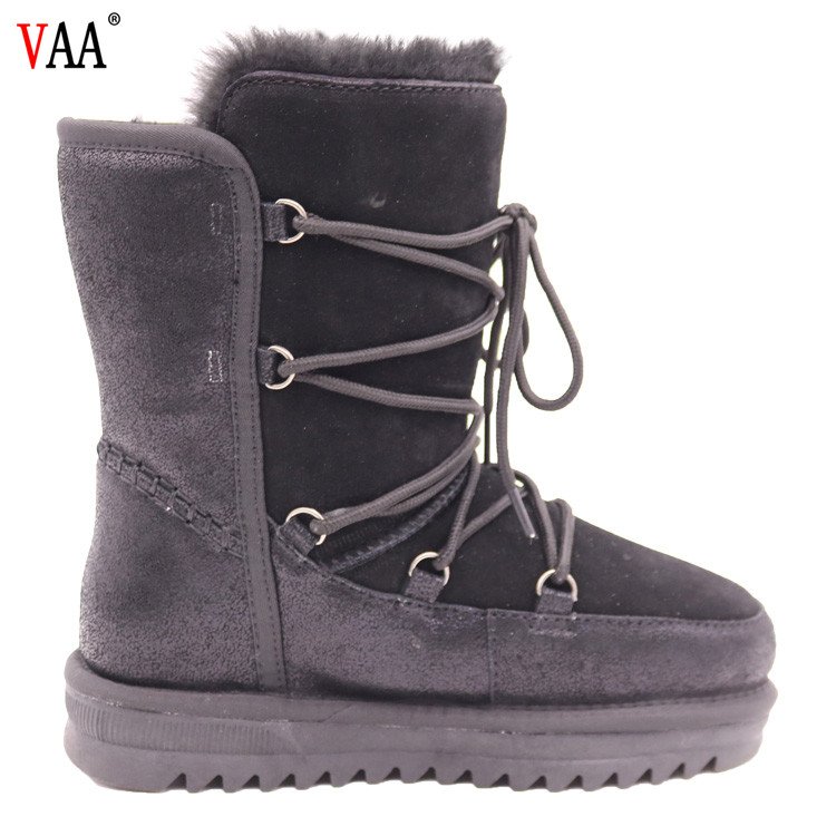 CF-136 Free Samples Cow Leather And Suede Lace Up Women Winter Boots With Real Fur