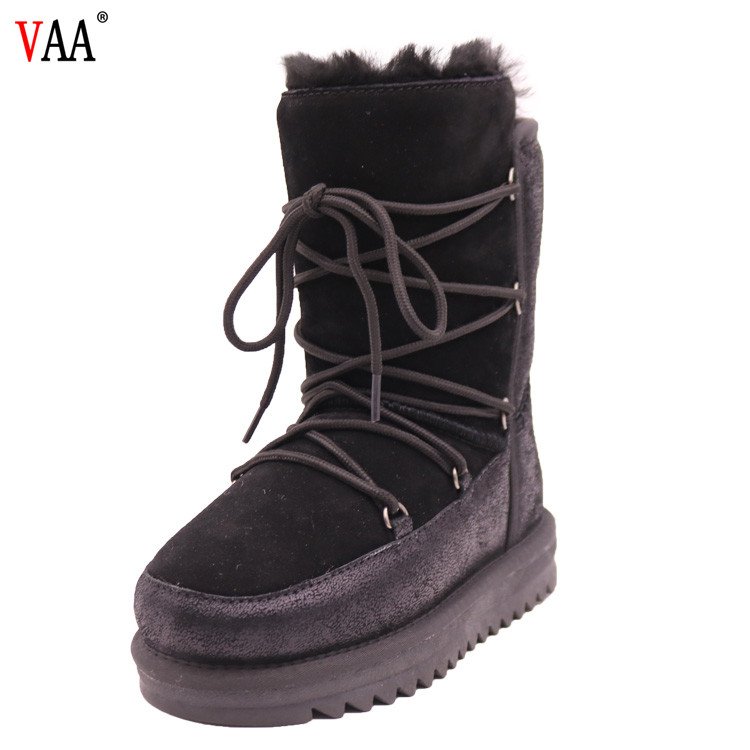 CF-136 Free Samples Cow Leather And Suede Lace Up Women Winter Boots With Real Fur
