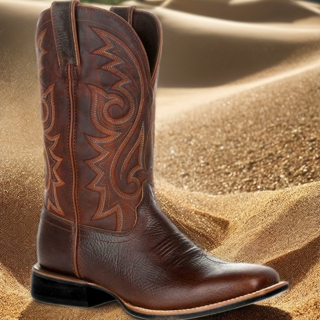 Men's Retro Ankle Boots Embroidered Western Cowboy Style Soft Leather with Flat Chelsea Boots Feature Winter Moto Hiking Shoes