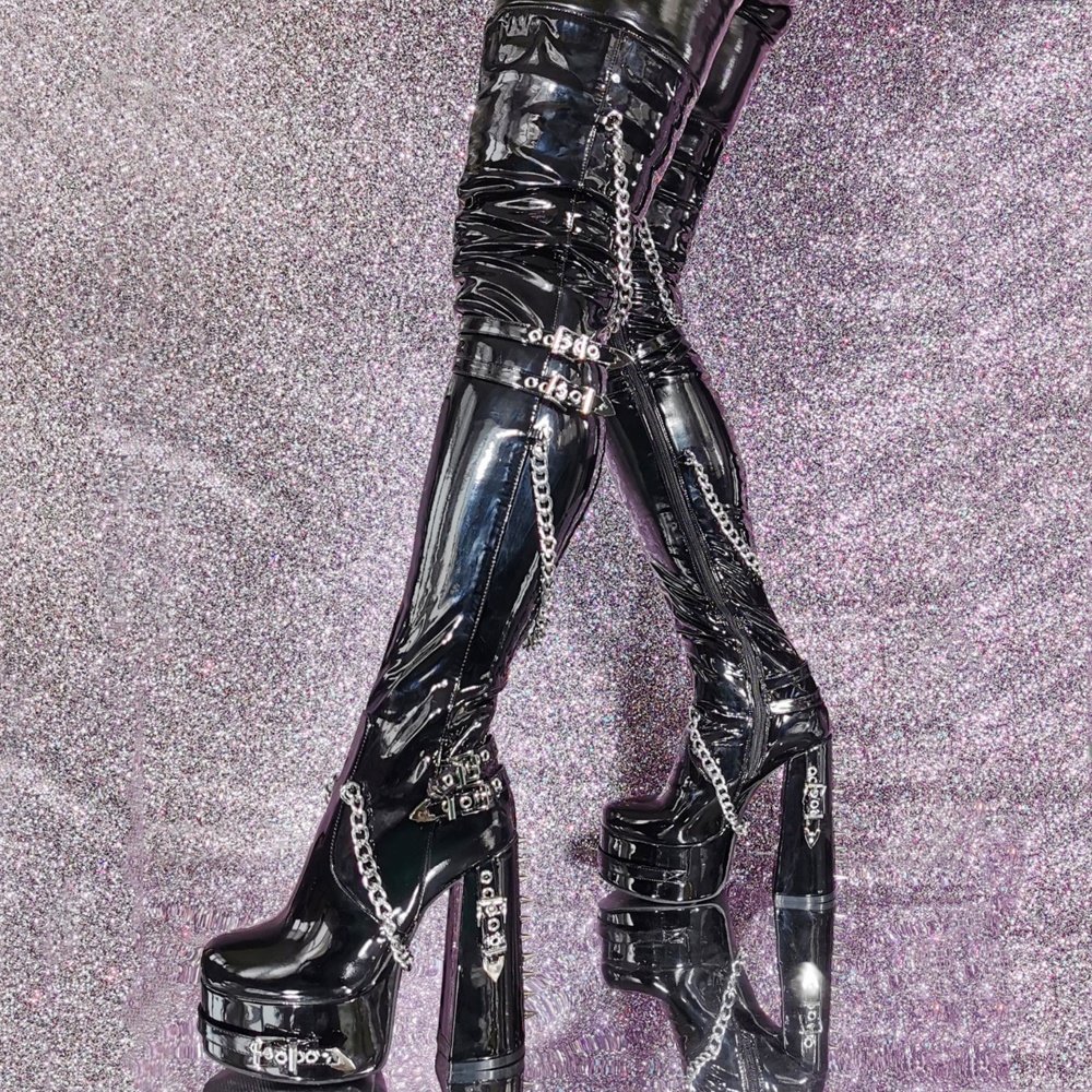 Wide Fit Thigh High Platform Long Boots Metal Rivets Chain Thick Sole High Chunky Heels Women Over Knee Booties Big Size 47