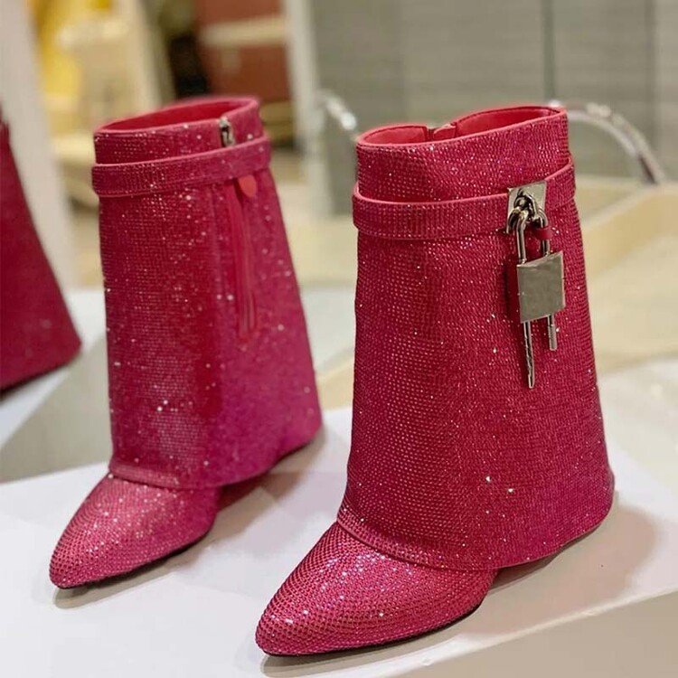 Botines Mujer Shark Lock Fashion Wedge Heel Shiny Diamond Rhinestone Short Boots for Women Shoes