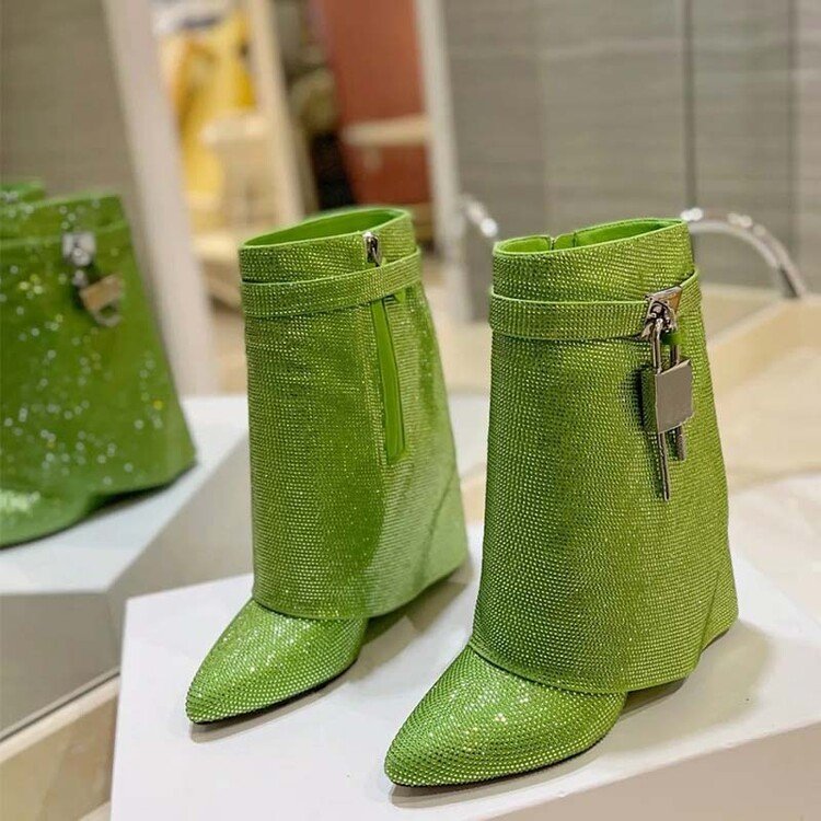 Botines Mujer Shark Lock Fashion Wedge Heel Shiny Diamond Rhinestone Short Boots for Women Shoes