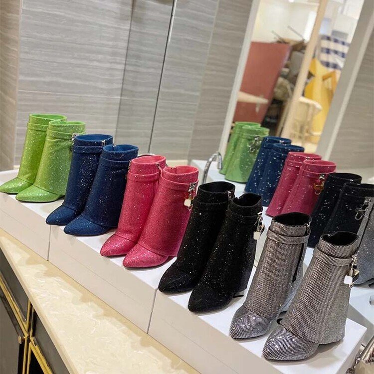 Botines Mujer Shark Lock Fashion Wedge Heel Shiny Diamond Rhinestone Short Boots for Women Shoes
