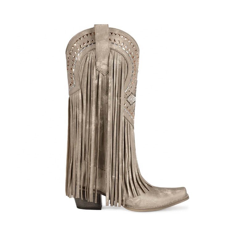Vintage Premium Velvet Rhinestone Fringe Heeled Knee High Tassels Cowboy Boots