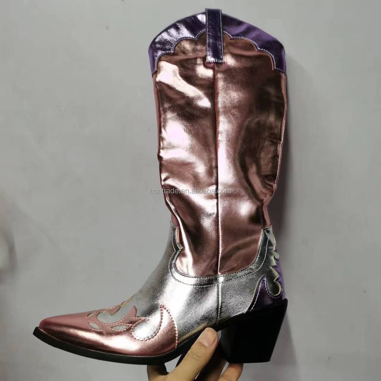BUSY GIRL XY4842 Knee High Boots For Women Big Size Bright Metallic Leather High Boot Women Slip on Western Boots For Women