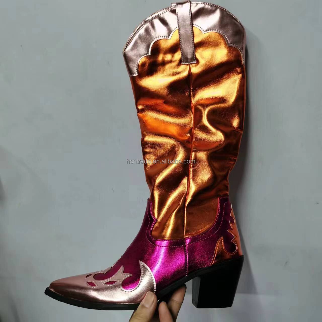 BUSY GIRL XY4842 Knee High Boots For Women Big Size Bright Metallic Leather High Boot Women Slip on Western Boots For Women