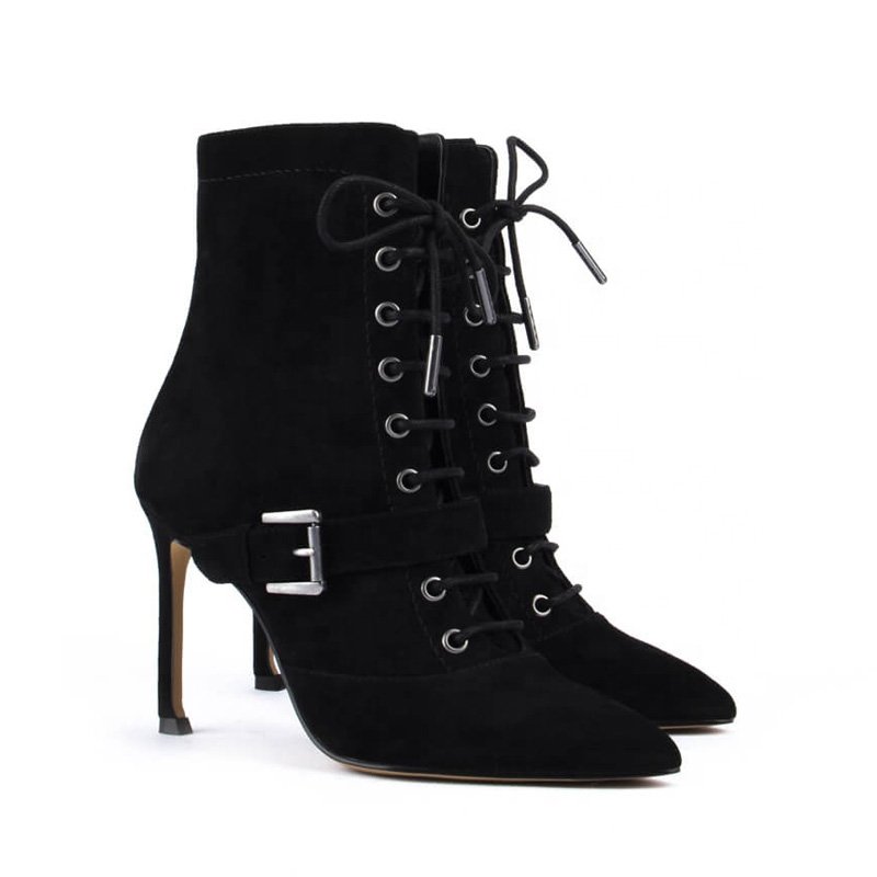 Custom Manufacturer's Black Ankle Boots Women Vintage Gold Metal Lace Pointed Toe Stiletto Heels Leather Upper PU Insole Girls