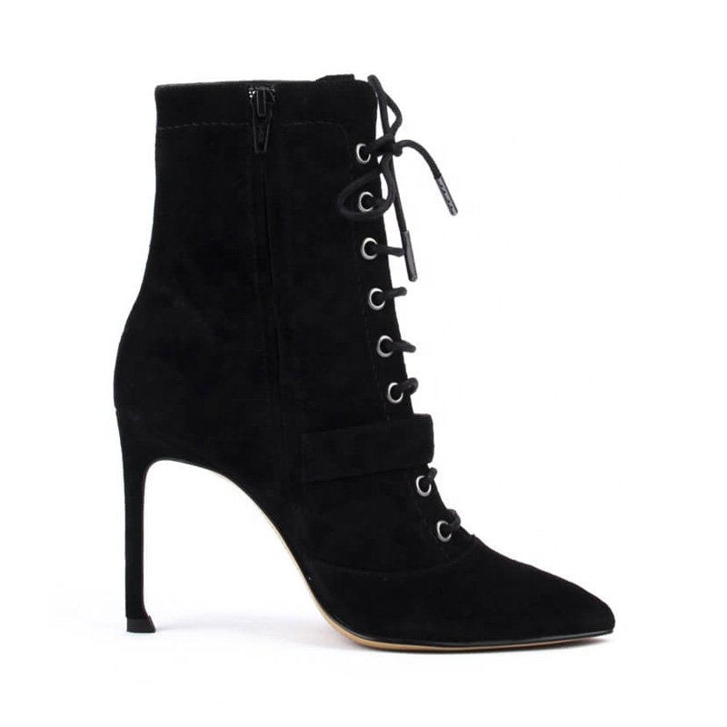 Custom Manufacturer's Black Ankle Boots Women Vintage Gold Metal Lace Pointed Toe Stiletto Heels Leather Upper PU Insole Girls