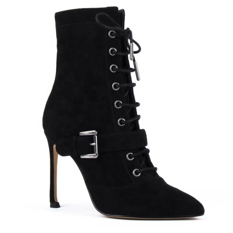 Custom Manufacturer's Black Ankle Boots Women Vintage Gold Metal Lace Pointed Toe Stiletto Heels Leather Upper PU Insole Girls