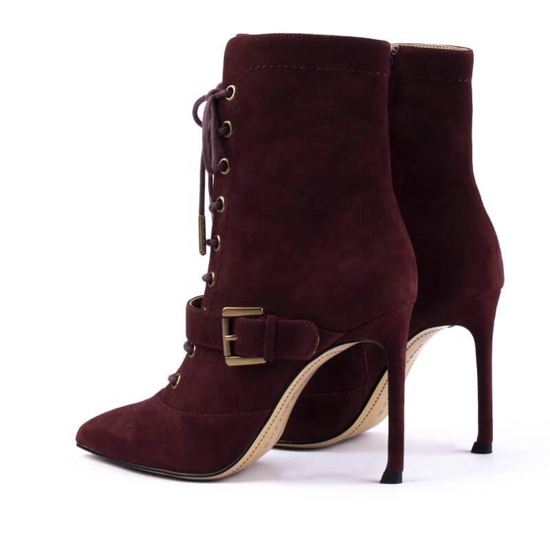 Custom Manufacturer's Black Ankle Boots Women Vintage Gold Metal Lace Pointed Toe Stiletto Heels Leather Upper PU Insole Girls