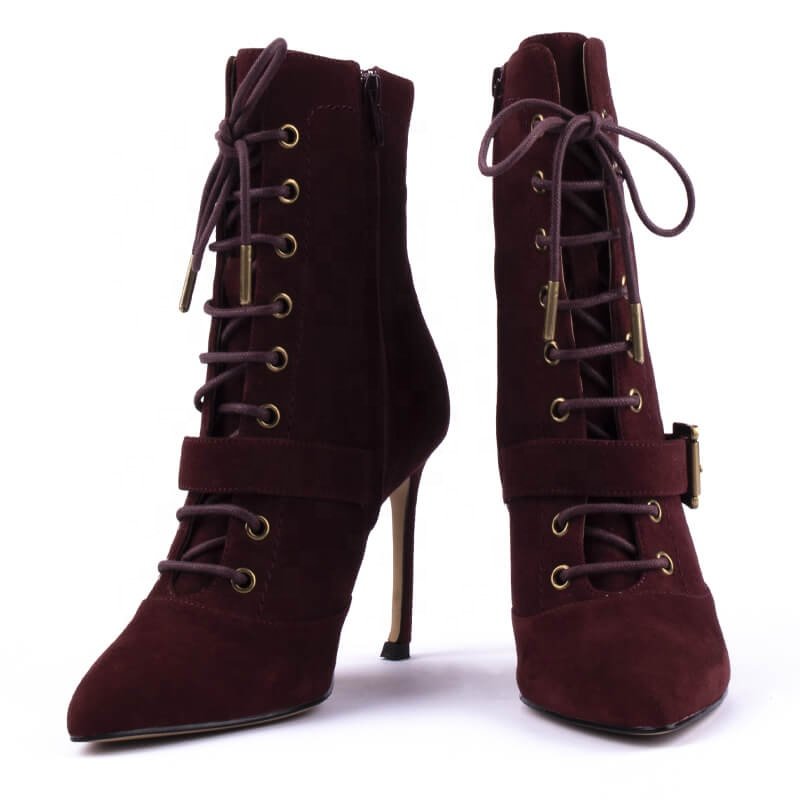 Custom Manufacturer's Black Ankle Boots Women Vintage Gold Metal Lace Pointed Toe Stiletto Heels Leather Upper PU Insole Girls