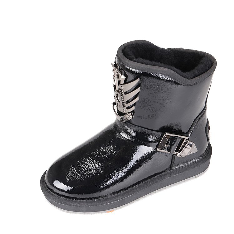 Cheap black durable waterproof cow leather wool lined women snow fur boots for winter