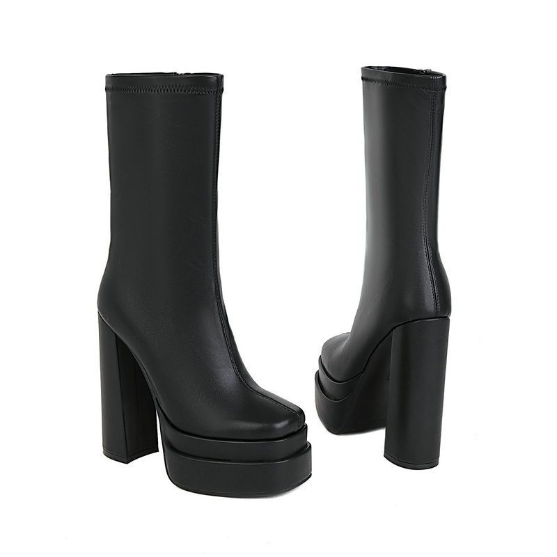 34-43 T stage catwalk boots heel patent leather square toe short boots new thick heel waterproof platform fashion women's boots