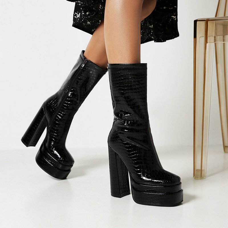 34-43 T stage catwalk boots heel patent leather square toe short boots new thick heel waterproof platform fashion women's boots