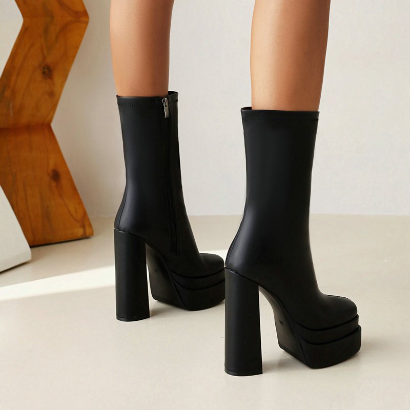 34-43 T stage catwalk boots heel patent leather square toe short boots new thick heel waterproof platform fashion women's boots