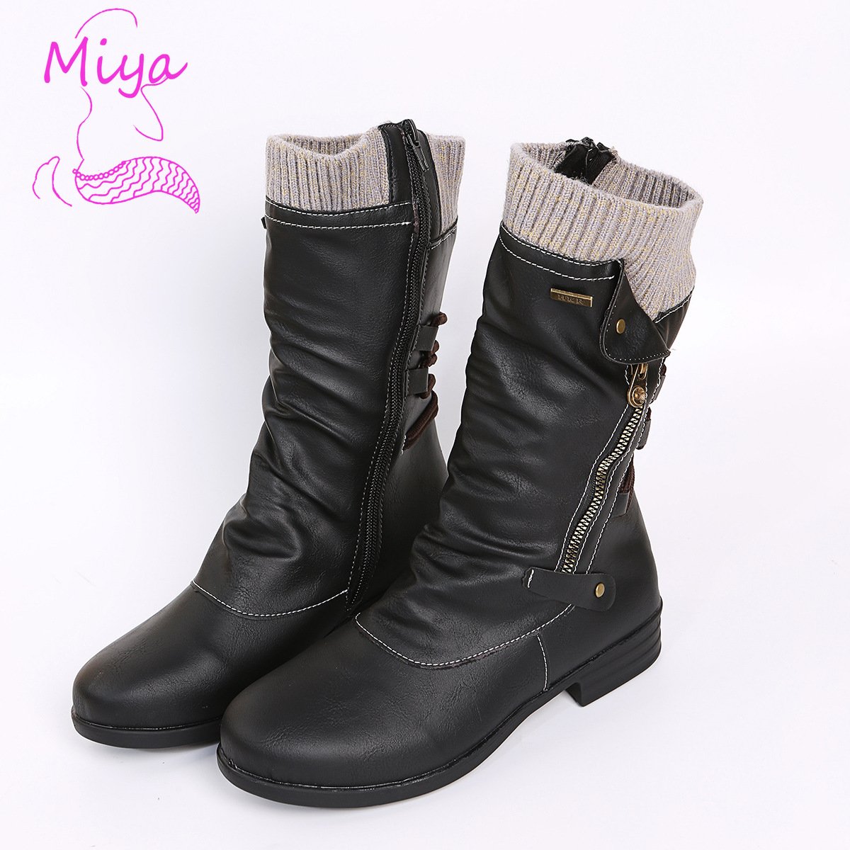 New Fall Winter Flat Sole Smooth Pleated Leather Mid-calf Boots with Knitted Tube Side Zipper Middle Length Boots for Women