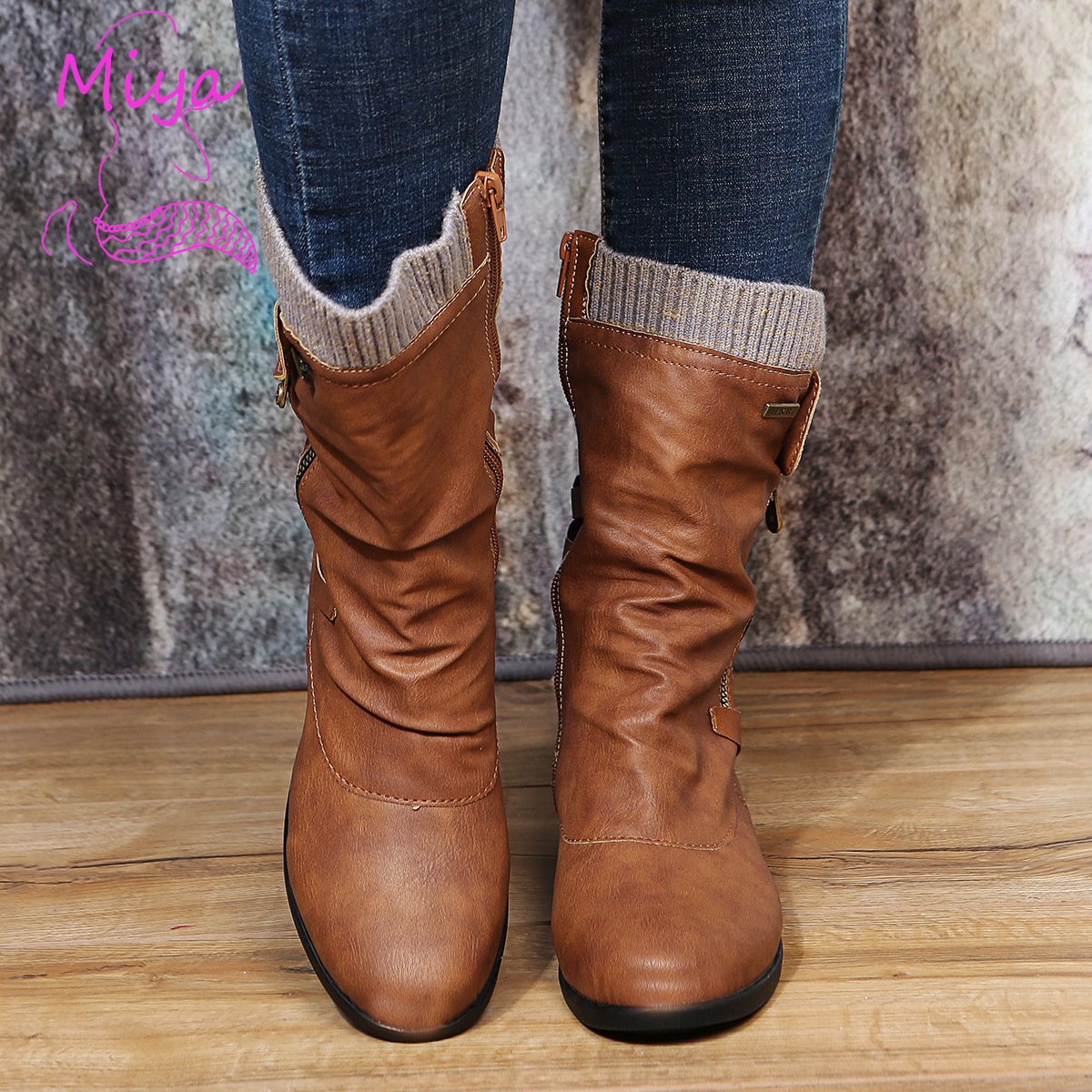 New Fall Winter Flat Sole Smooth Pleated Leather Mid-calf Boots with Knitted Tube Side Zipper Middle Length Boots for Women