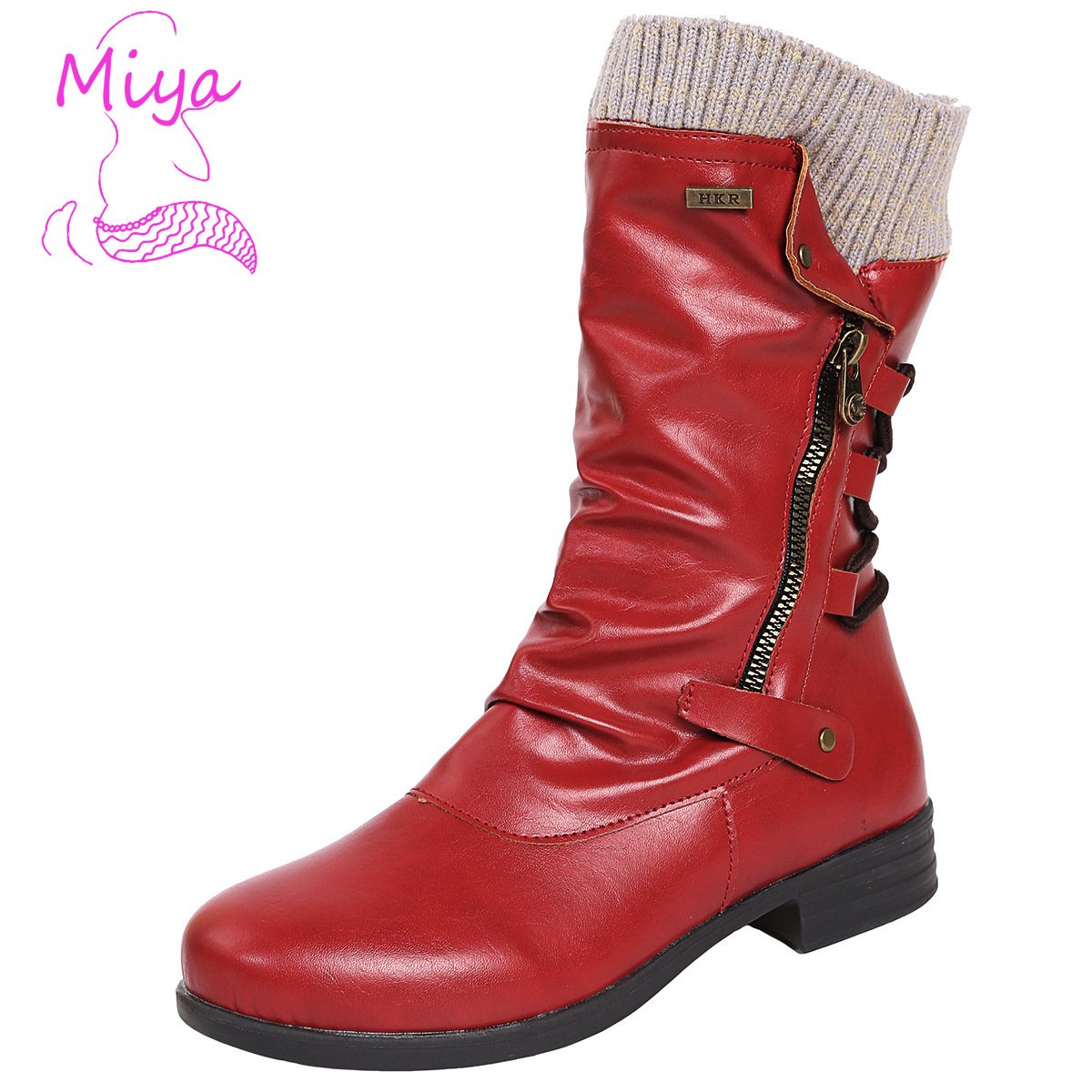 New Fall Winter Flat Sole Smooth Pleated Leather Mid-calf Boots with Knitted Tube Side Zipper Middle Length Boots for Women