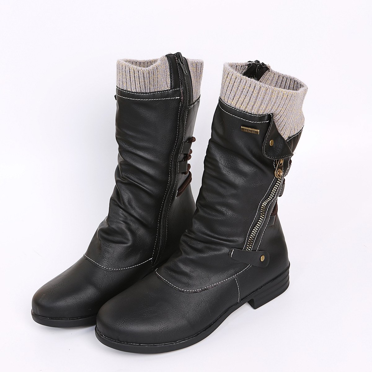New Fall Winter Flat Sole Smooth Pleated Leather Mid-calf Boots with Knitted Tube Side Zipper Middle Length Boots for Women