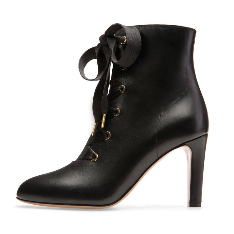 OEM designer shoes factory fashion winter lace up genuine leather chunky high heel boot for women ladies heel shoes