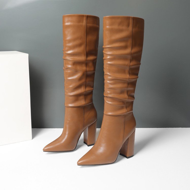 Botas Largas De Mujer Wrinkle Tube Fashion Women Knee-High Chunky Heel Boots
